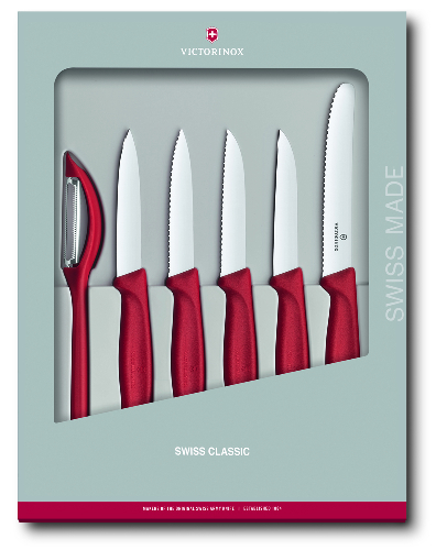 Набор из 6 кухонных приборов VICTORINOX Swiss Classic: 5 ножей, овощечистка, красная рукоять