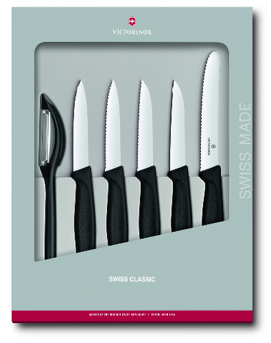 Набор из 6 кухонных приборов VICTORINOX Swiss Classic: 5 ножей, овощечистка, черная рукоять