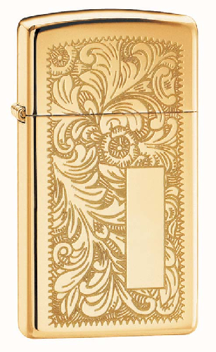 Зажигалка ZIPPO Slim® Venetian® с покрытием High Polish Brass, латунь/сталь, 29x10x60 мм
