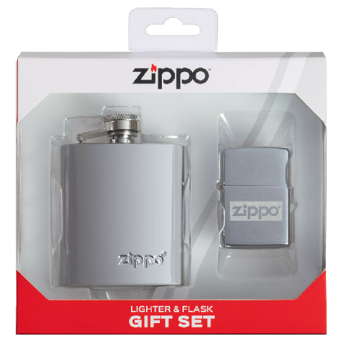 Подарочный набор ZIPPO: фляжка 89 мл и зажигалка, латунь/сталь, серебристый, в коробке с подвесом