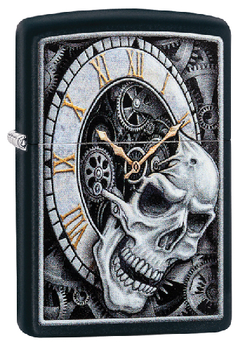 Зажигалка ZIPPO Skull Clock с покрытием Black Matte, латунь/сталь, чёрная, матовая, 38x13x57 мм