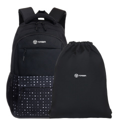 Рюкзак TORBER CLASS X, черный с орнаментом, полиэстер 900D, 45 x 30 x 18 см + Мешок для обуви!