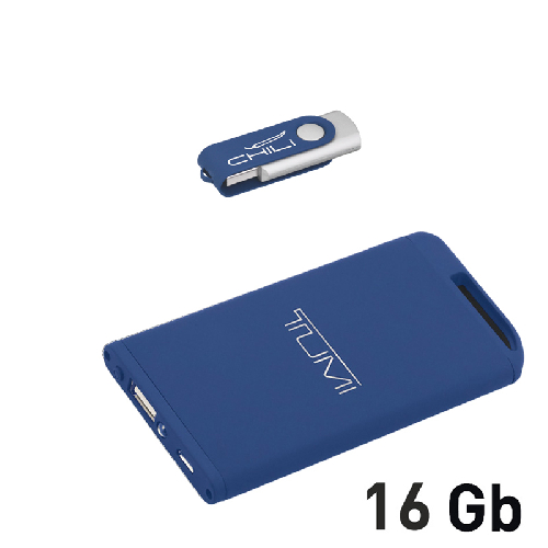 Набор зарядное "Theta" 4000 mAh + флеш-карта "Vostok" 16Гб  в футляре, голубой, покрытие soft touch