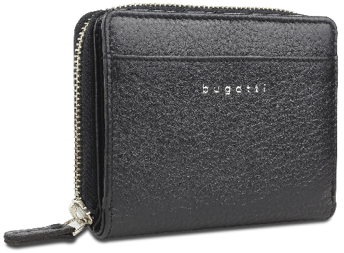 Кошелёк женский BUGATTI Lady Top, на молнии, чёрный, натуральная воловья кожа, 12х2,5х9 см