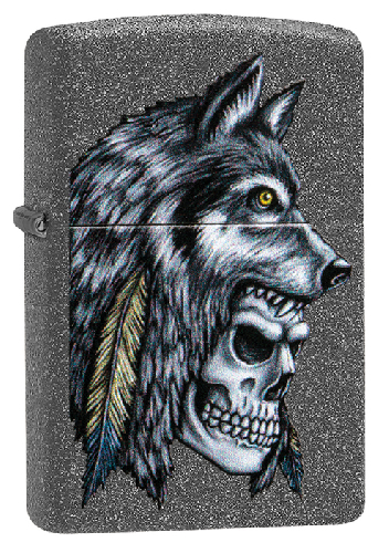 Зажигалка ZIPPO Wolf Skull с покрытием Iron Stone™, латунь/сталь, серая, матовая, 38x13x57 мм