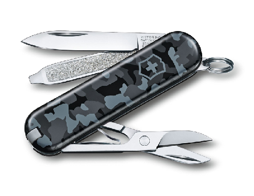 Нож-брелок VICTORINOX Classic SD Navy Camouflage, 58 мм, 7 функций, серо-синий камуфляж