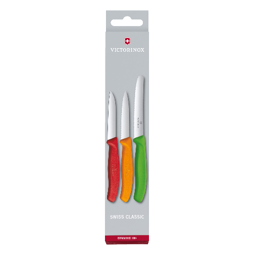 Набор из 3 ножей для овощей VICTORINOX: красный нож 8 см, оранжевый нож 8 см, зелёный нож 11 см