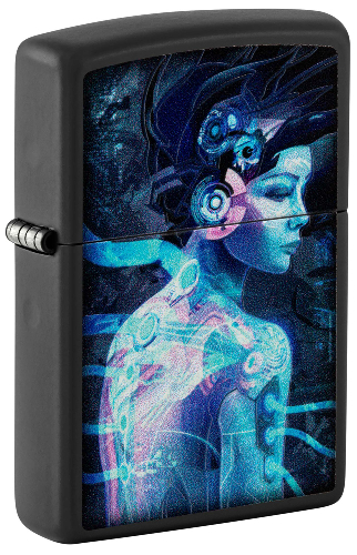 Зажигалка ZIPPO Cyborg Woman с покрытием Black Light, латунь/сталь, черная, матовая 38x13x57 мм