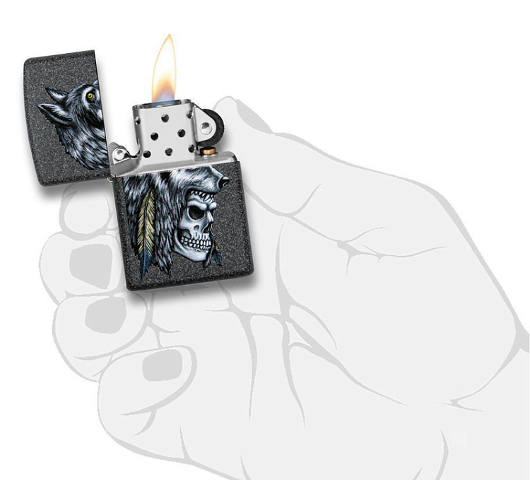 Зажигалка ZIPPO Wolf Skull с покрытием Iron Stone™, латунь/сталь, серая, матовая, 38x13x57 мм