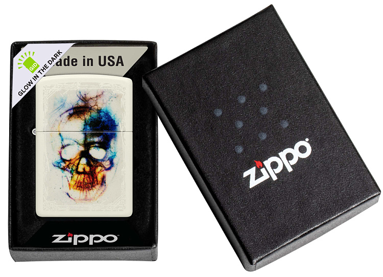 Зажигалка ZIPPO Skull Design с покрытием Glow In The Dark Green, латунь/сталь, белая, 38x13x57 мм