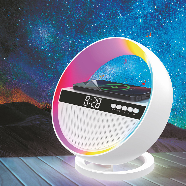 Bluetooth колонка "Smart Orb" 5Вт с беспроводным (15W) ЗУ, лампой, часами, FM радио