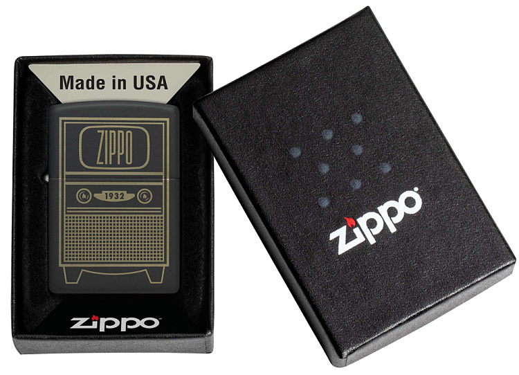 Зажигалка ZIPPO Vintage TV Design с покрытием Black Matte, латунь/сталь, черная, 38x13x57 мм