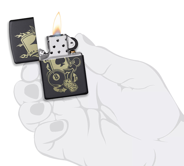 Зажигалка ZIPPO Gambling Design с покрытием Black Matte, латунь/сталь, чёрная, матовая, 38x13x57 мм