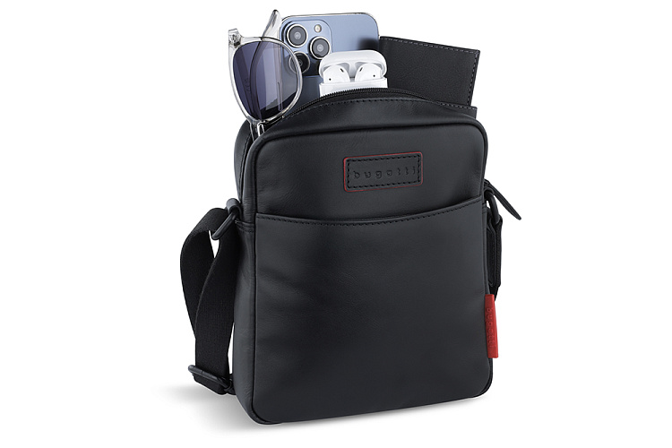 Сумка наплечная мужская BUGATTI Clark, чёрная, воловья кожа/полиэстер, 18х5,5х20 см, 2 л