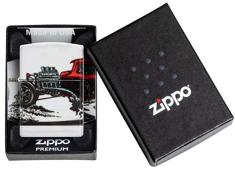 Зажигалка ZIPPO Hot Rod Design с покрытием 540 Matte, латунь/сталь, белая, матовая, 38x13x57 мм