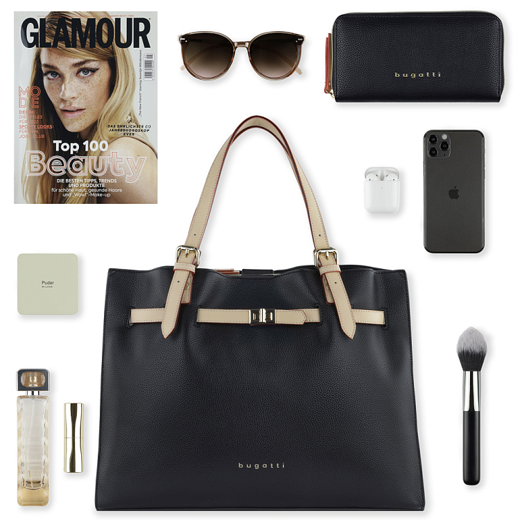 Сумка наплечная женская BUGATTI Ella, черная, полиуретан, 37,5х13,5х28 см