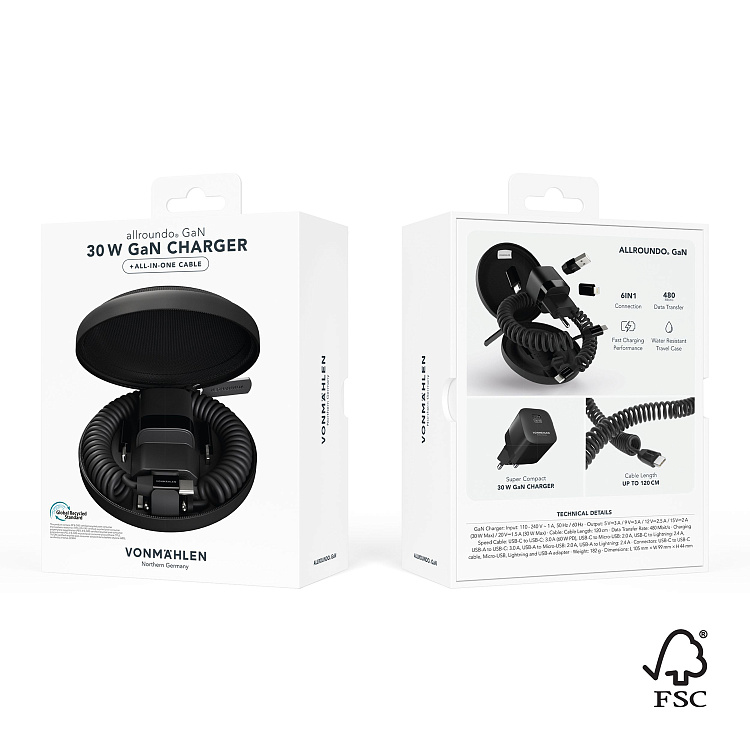 Зарядное устройство Allroundo GaN, 30 Вт, 120 см, черное