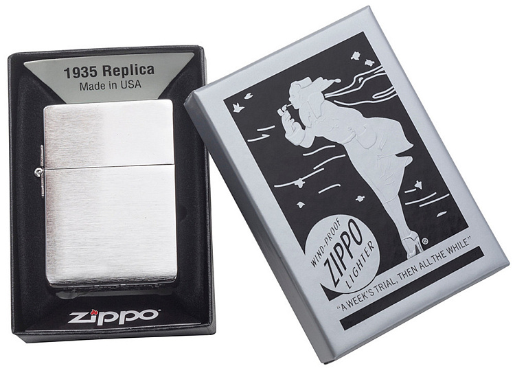 Зажигалка ZIPPO 1935 Replica™ с покрытием Brushed Chrome, латунь/сталь, серебристая, 37x13x52 мм