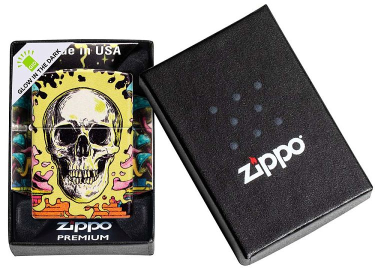 Зажигалка ZIPPO Skull Design с покрытием Glow In The Dark Green,латунь/сталь,разноцветная38x13x57 мм