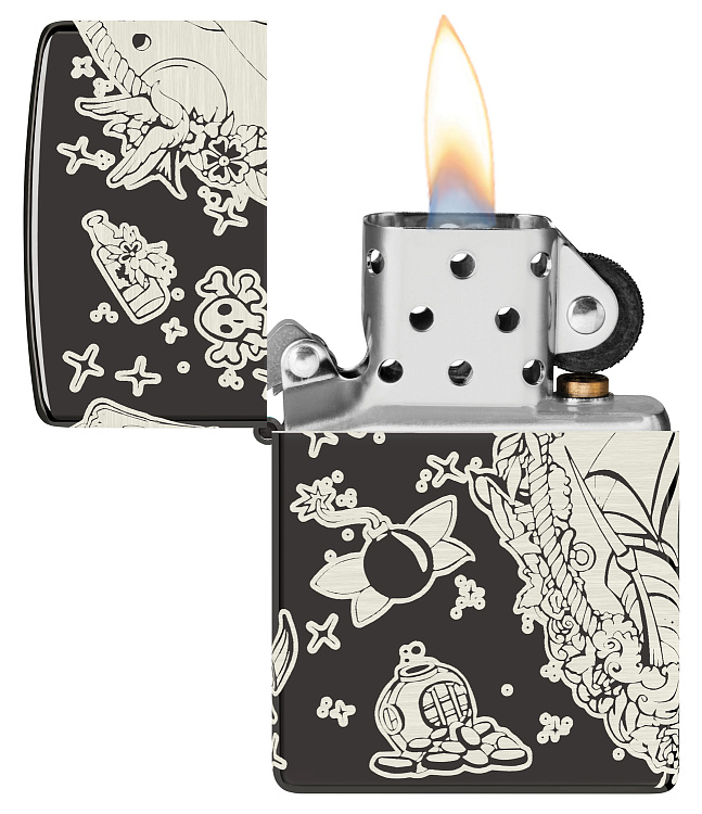 Зажигалка ZIPPO Pirates Treasure с покрытием High Polish Black, латунь/сталь, черная, 38x13x57 мм