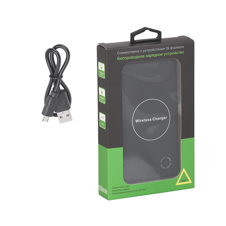 Беспроводное зарядное устройство, 6000 mAh, черный, покрытие soft touch