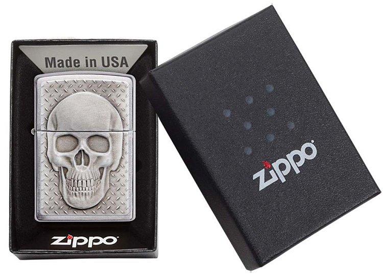 Зажигалка ZIPPO Skull Design с покрытием Brushed Chrome, латунь/сталь, серебристая, 38x13x57 мм