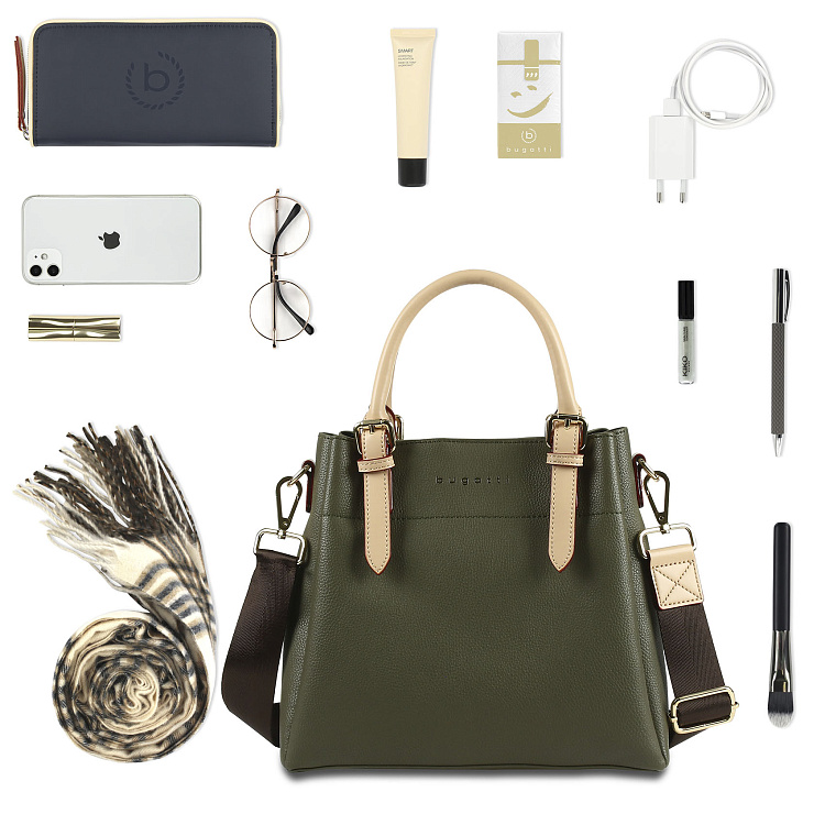 Сумка женская BUGATTI Ella, оливковая, полиуретан, 27х12х23,5 см