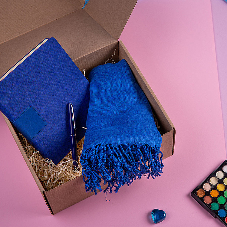 Набор подарочный VENUS BLUE: шарф, бизнес-блокнот, ручка, коробка, стружка, темно-синий