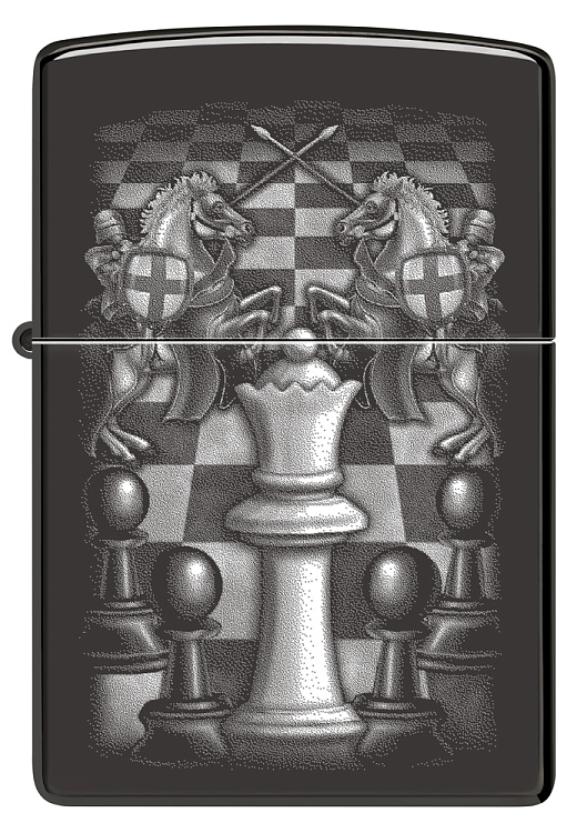 Зажигалка ZIPPO Chess Design с покрытием High Polish Black, латунь/сталь, черная, 38x13x57 мм
