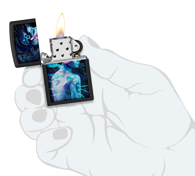 Зажигалка ZIPPO Cyborg Woman с покрытием Black Light, латунь/сталь, черная, матовая 38x13x57 мм