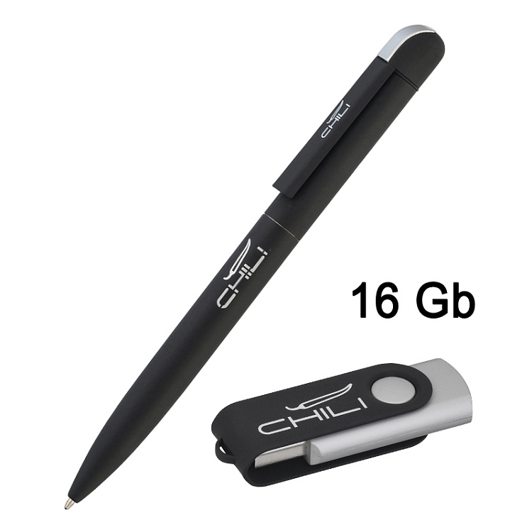 Набор ручка + флеш-карта 16 Гб в футляре, покрытие soft touch
