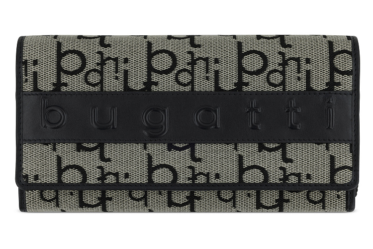 Кошелек женский BUGATTI Elea, бежево-черный цвет, жаккард/воловья кожа/полиэстер, 19х3х10 см