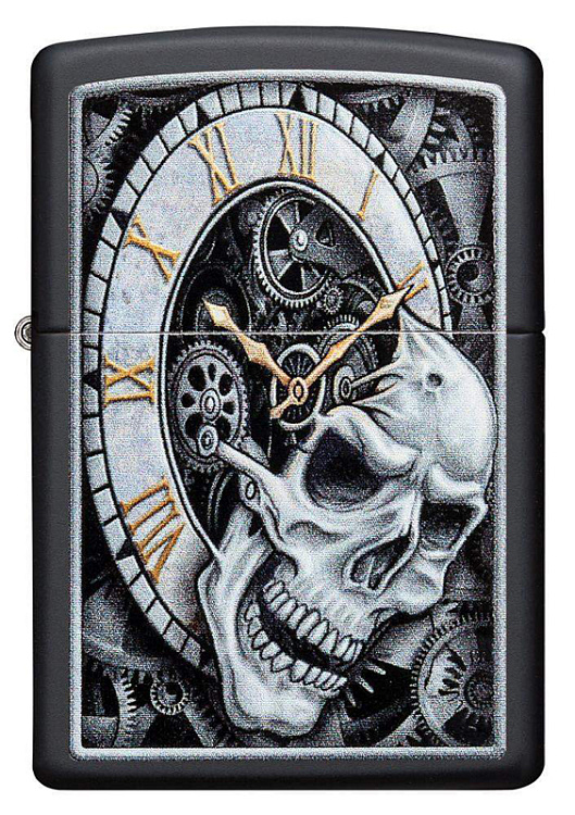 Зажигалка ZIPPO Skull Clock с покрытием Black Matte, латунь/сталь, чёрная, матовая, 38x13x57 мм