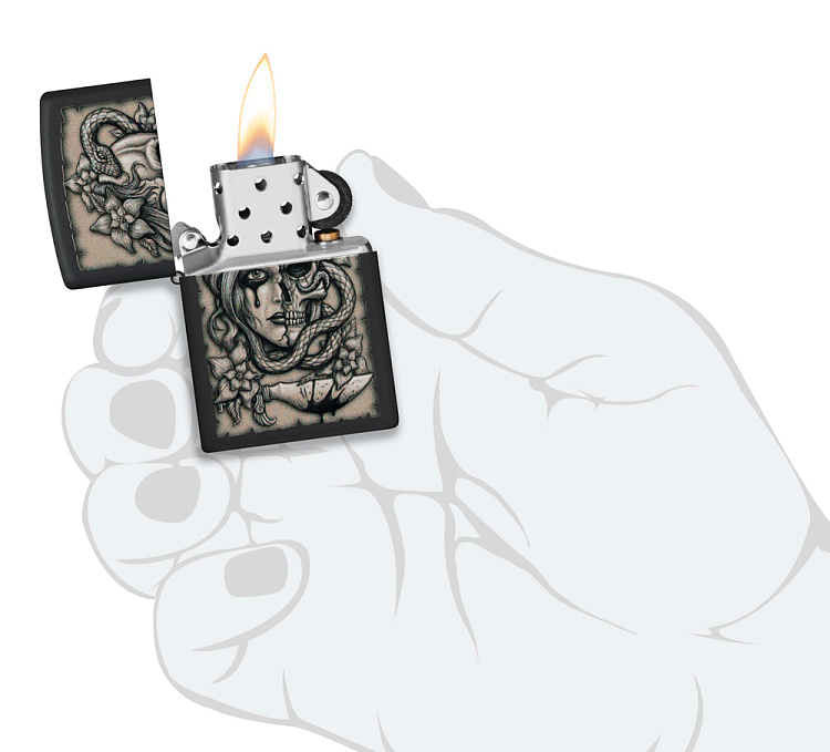 Зажигалка ZIPPO Gory Tattoo с покрытием Black Matte, латунь/сталь, черная, матовая, 38x13x57 мм