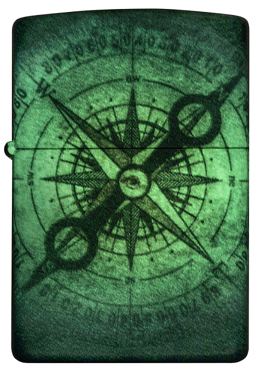 Зажигалка ZIPPO Compass Ghost с покрытием Glow In The Dark Green, латунь/сталь, черная, 38x13x57 мм