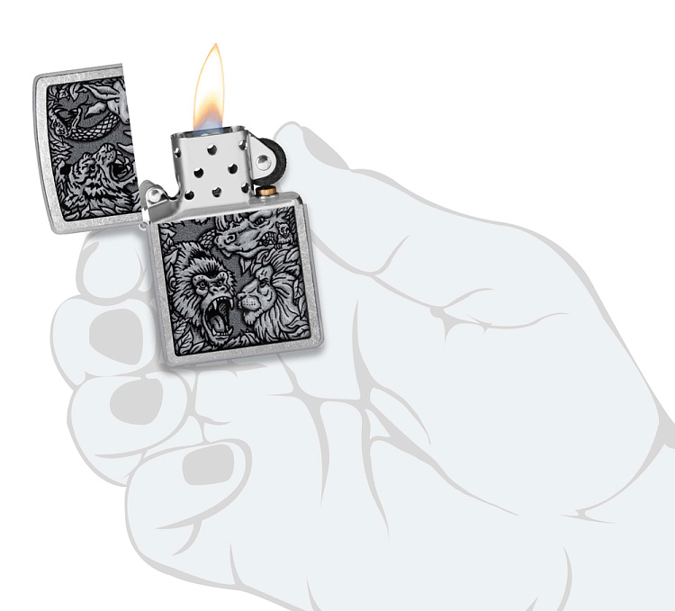 Зажигалка ZIPPO Jungle Design с покрытием Street Chrome, латунь/сталь, серебристая, 38x13x57 мм