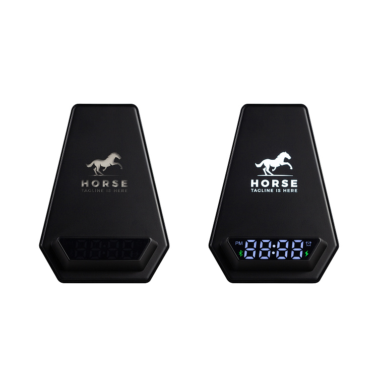 Настольные часы "Smart Pyramid" с bluetooth колонкой (3Вт) и беспроводным (15W) зарядным устройством, с подсветкой логотипа