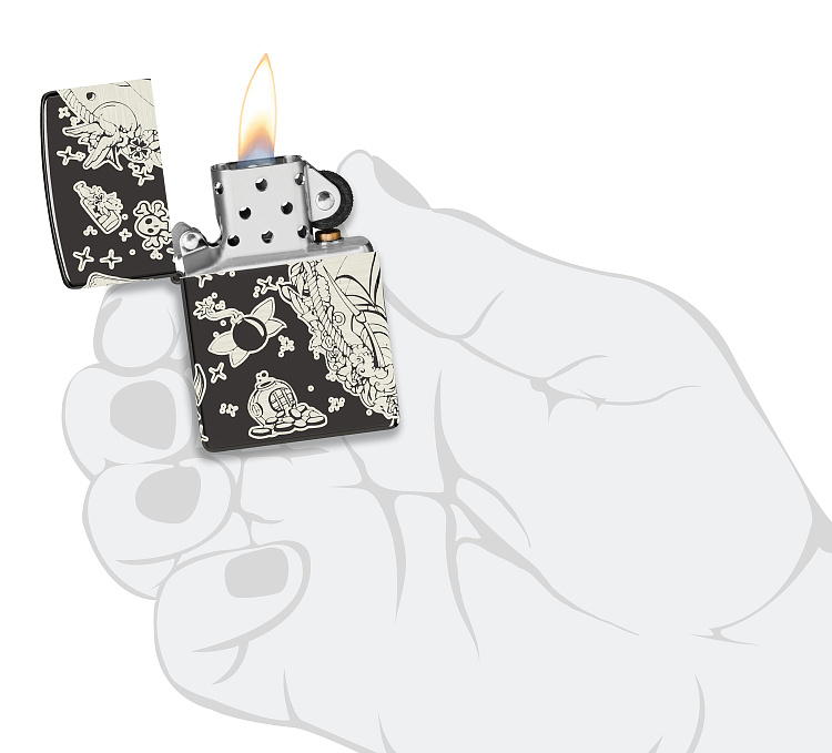 Зажигалка ZIPPO Pirates Treasure с покрытием High Polish Black, латунь/сталь, черная, 38x13x57 мм