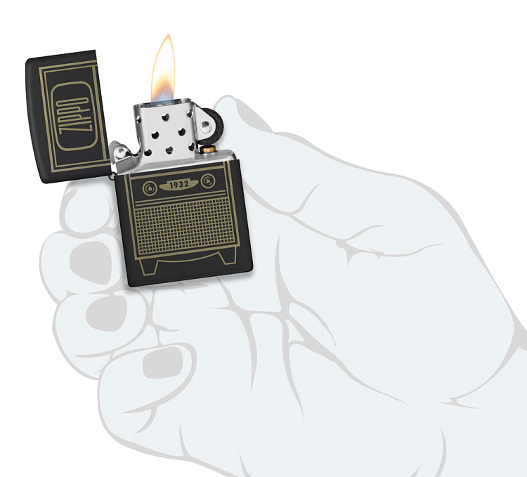 Зажигалка ZIPPO Vintage TV Design с покрытием Black Matte, латунь/сталь, черная, 38x13x57 мм