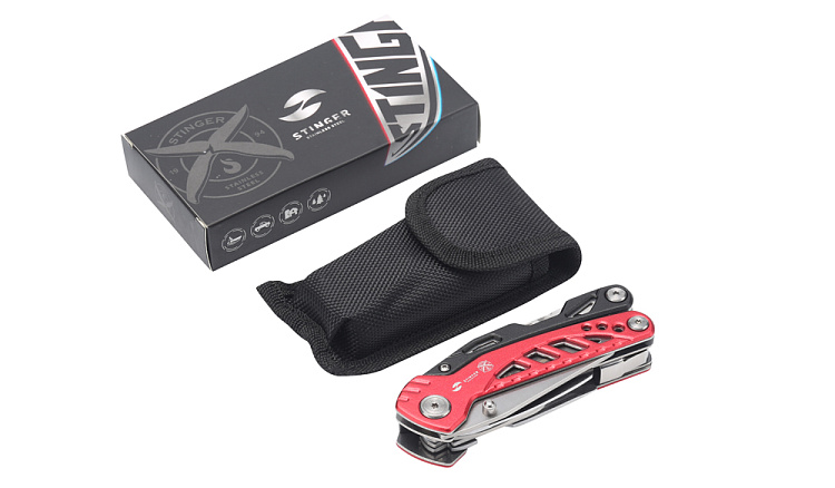 Мультитул Stinger, 107x37 мм, 11 функций, сталь/алюминий, красно-чёрный, в нейлоновом чехле
