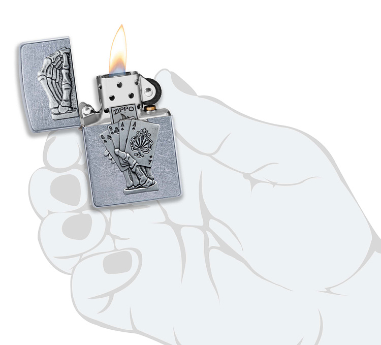 Зажигалка ZIPPO Dead Mans Hand с покрытием Street Chrome, латунь/сталь, серебристая, 38x13x57 мм