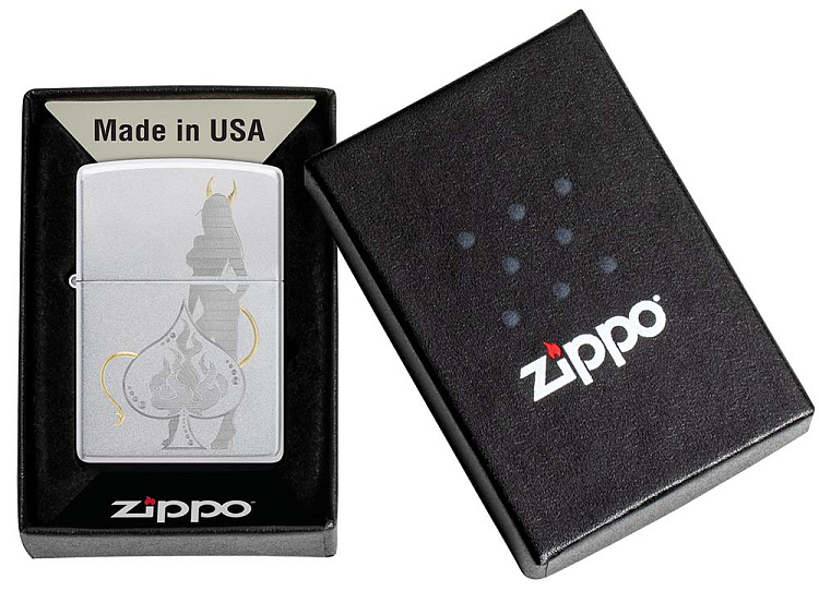 Зажигалка ZIPPO Devilish Ace с покрытием Satin Chrome, латунь/сталь, серебристая, 38x13x57 мм