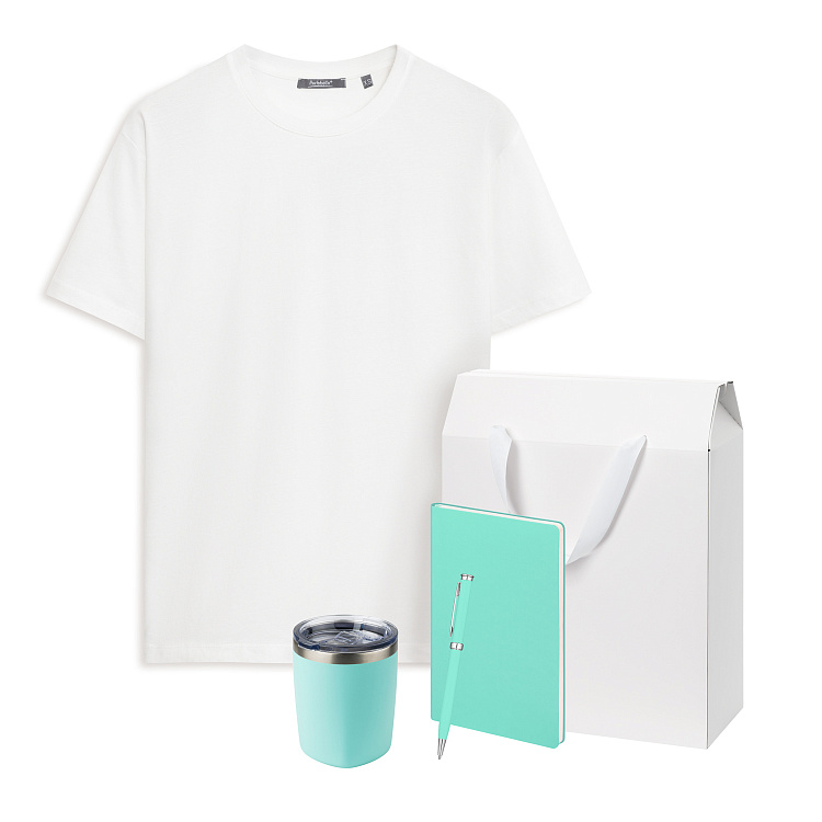 Набор с одеждой KRIS (футболка, термокружка, ежедневник, ручка), мятный/аква