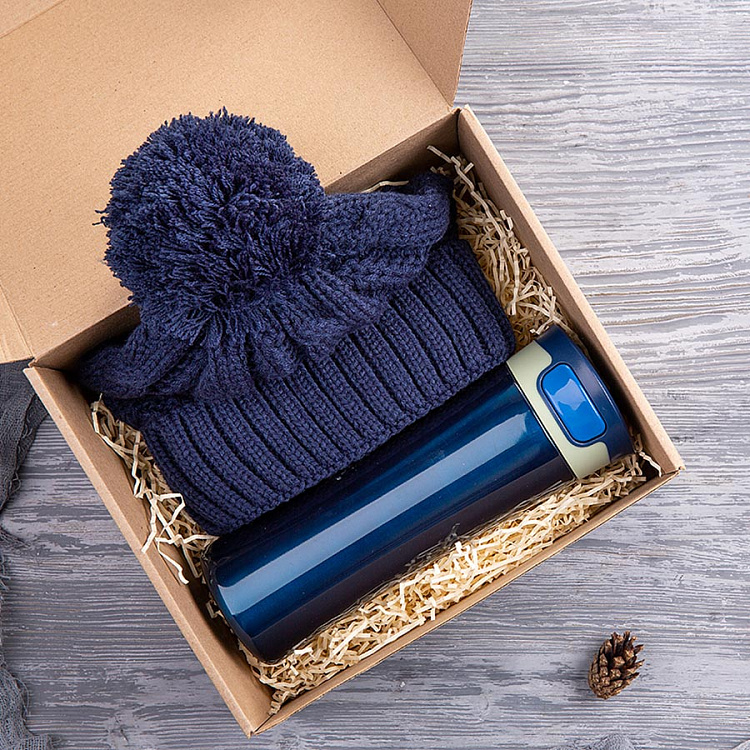 Набор подарочный HOT`HAT: шапка, термокружка, коробка, стружка, синий