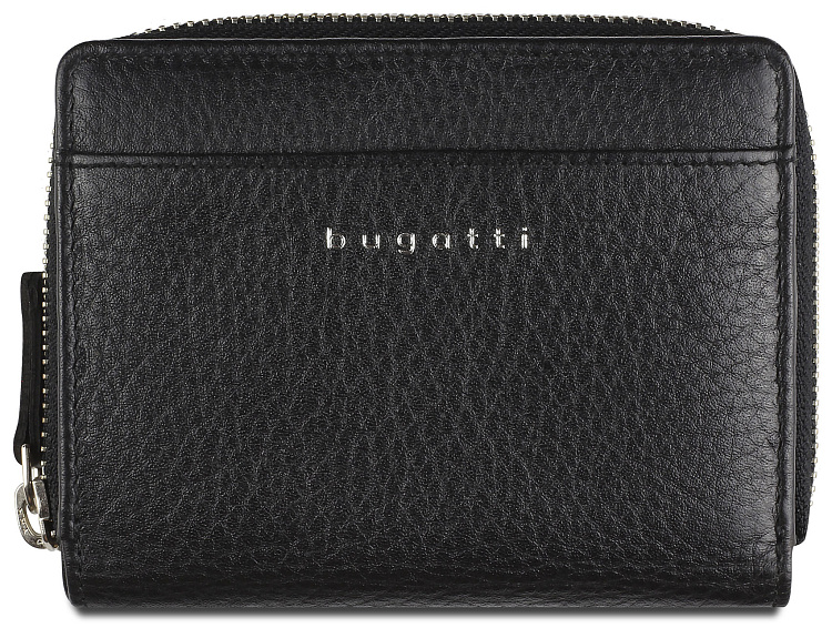 Кошелёк женский BUGATTI Lady Top, на молнии, чёрный, натуральная воловья кожа, 12х2,5х9 см
