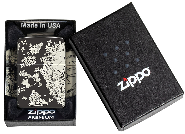 Зажигалка ZIPPO Pirates Treasure с покрытием High Polish Black, латунь/сталь, черная, 38x13x57 мм
