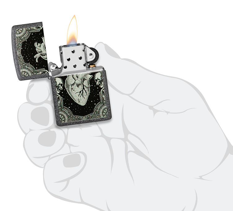 Зажигалка ZIPPO Heart Design с покрытием Iron Stone, латунь/сталь, серая, 38x13x57 мм