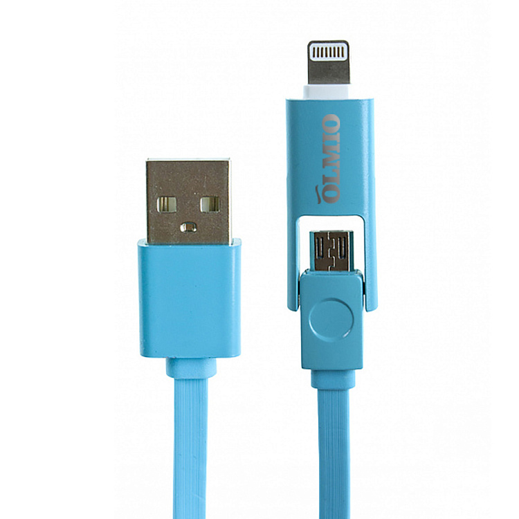 Кабель USB 2.0 - microUSB/Apple 8pin, 2-в-1, 1м, 2.1A, голубой, плоский, OLMIO