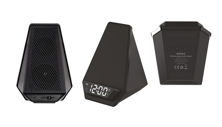 Настольные часы "Smart Pyramid" с bluetooth колонкой (3Вт) и беспроводным (15W) зарядным устройством, с подсветкой логотипа