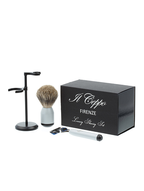 Бритвенный набор IL Ceppo: станок, помазок, подставка, серебристо-черный матовый цвет